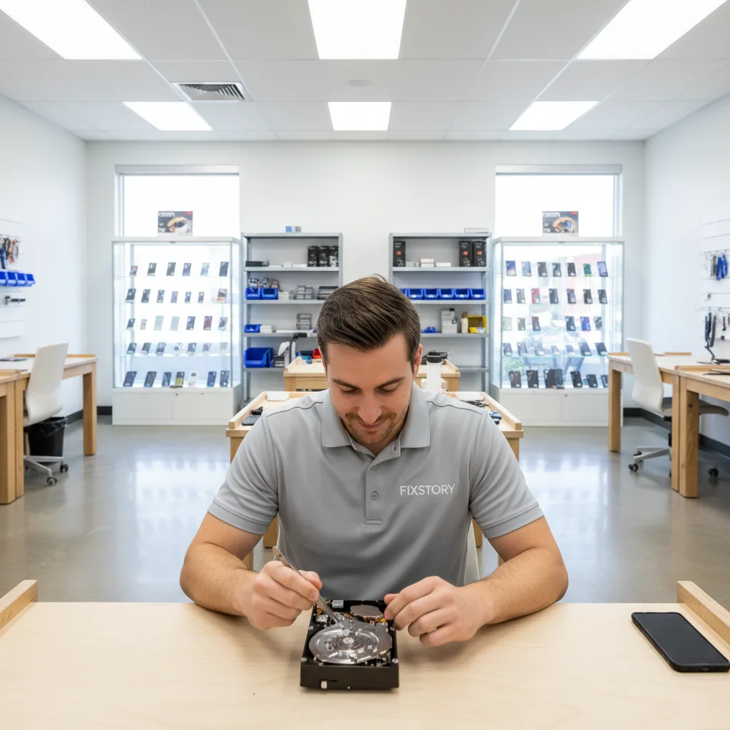 A technician in a clean, well-lit workshop looking at an open hard drive with specialized tools.