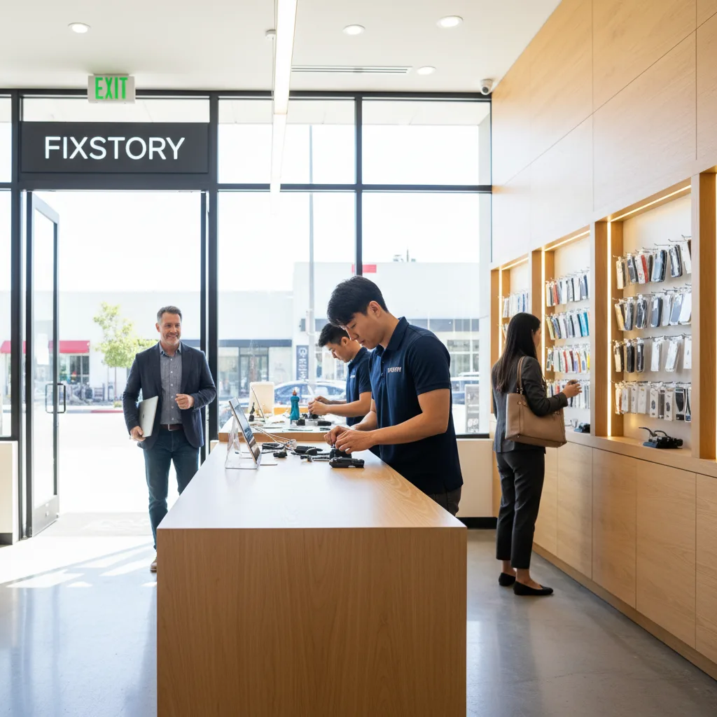 The FIXSTORY storefront in Downtown LA, with a customer walking out looking relieved with their lapt