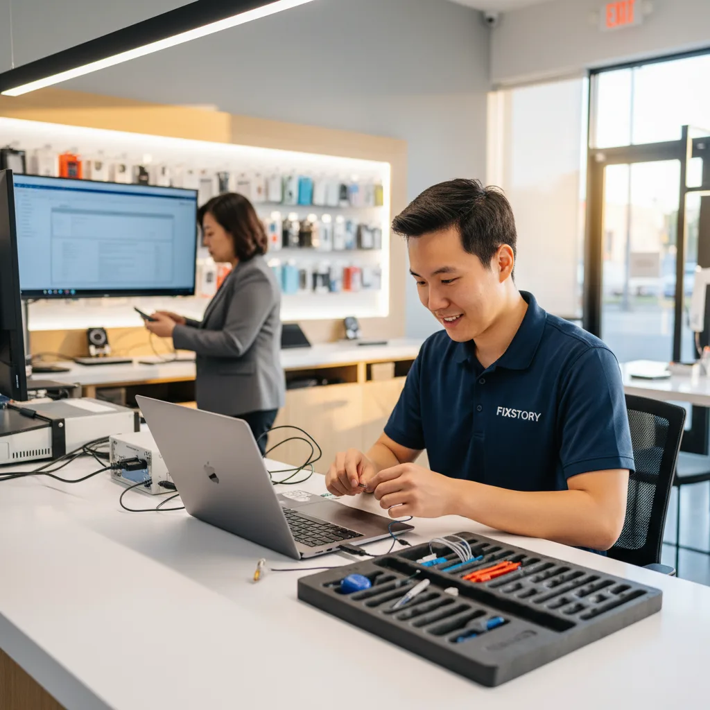 A technician at FIXSTORY carefully working on an open laptop with specialized data recovery tools.