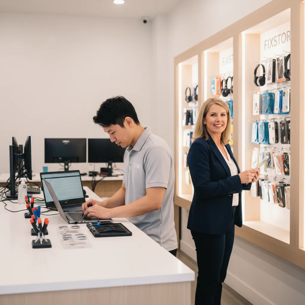 Inside of the FIXSTORY shop with the computer repair station visible in the background