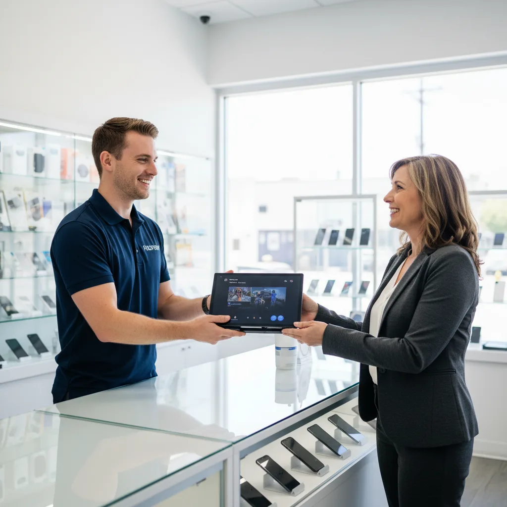 A friendly technician at the FIXSTORY counter inspecting a PS5 for a customer.
