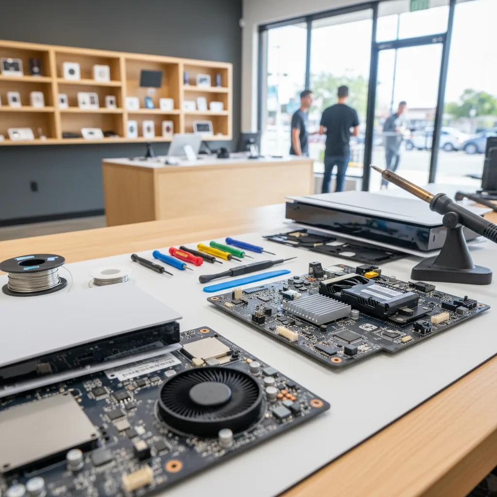 The FIXSTORY technician's workbench with a PS5 disassembled and soldering tools nearby.