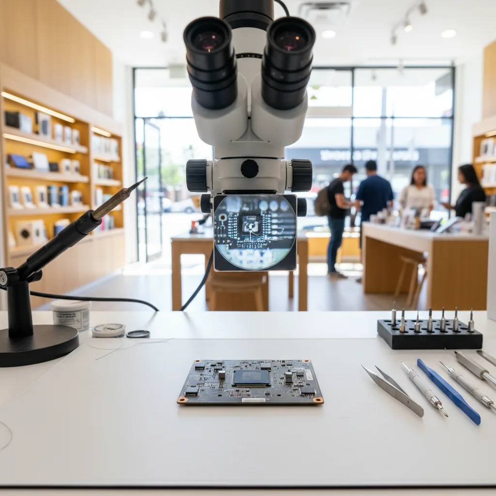 A technician's workbench with a PS5 motherboard under a microscope, with micro-soldering tools nearb