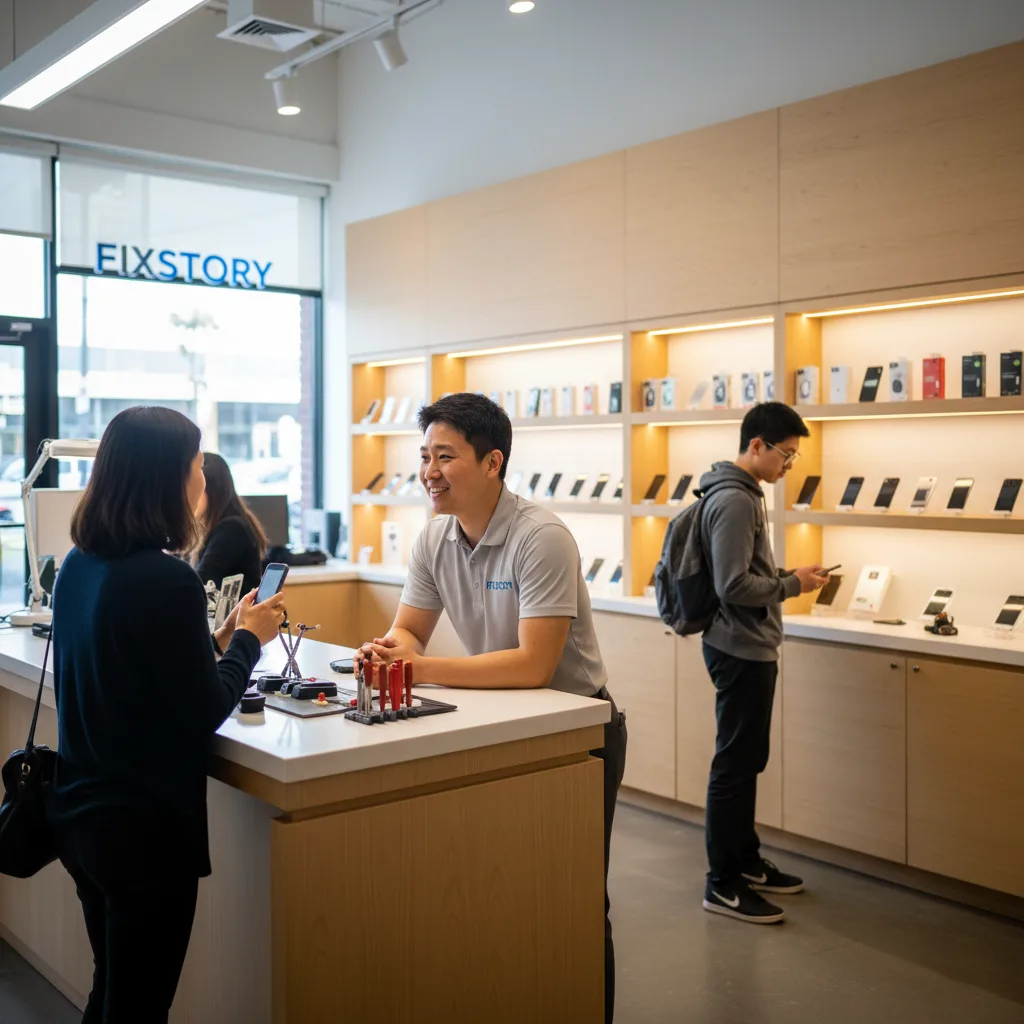 Interior of FIXSTORY shop, showing a friendly technician talking to a customer over the counter.