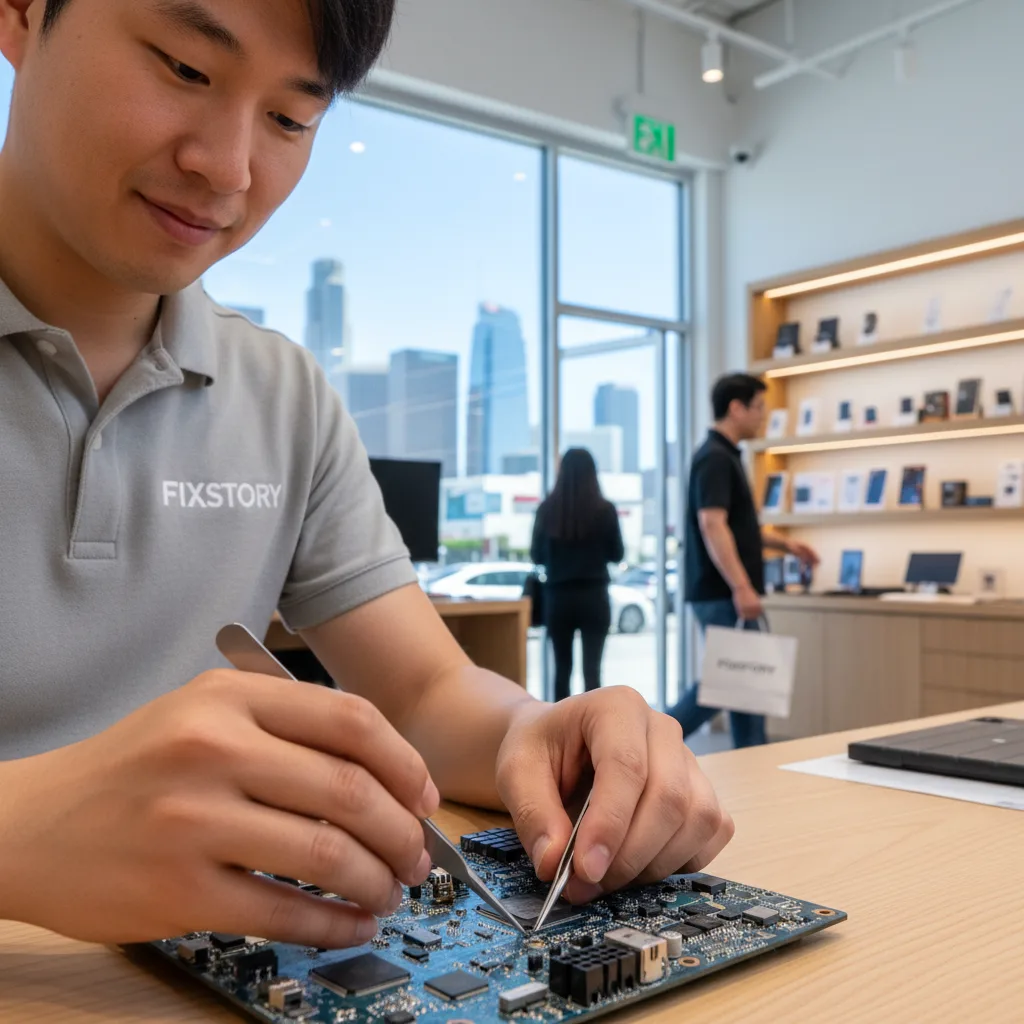 A smiling customer leaving FIXSTORY with a fixed PS5 in a bag, with the DTLA skyline visible in the 