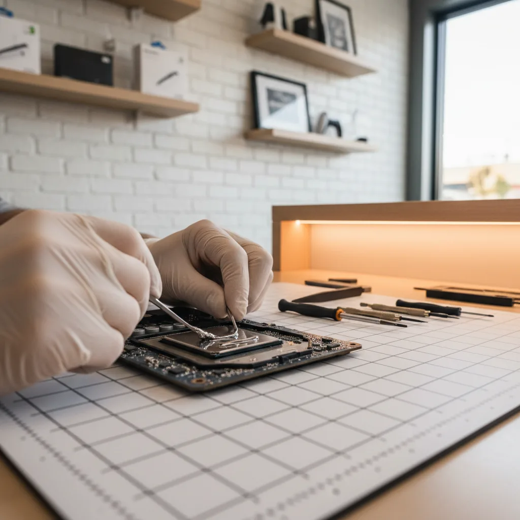 A technician's hands carefully applying new liquid metal thermal compound to a PS5's processor.