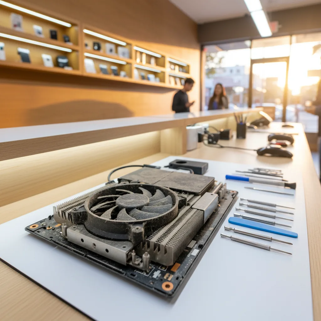 A technician's workbench with a disassembled PS5, showing the internal fan and heatsink covered in d