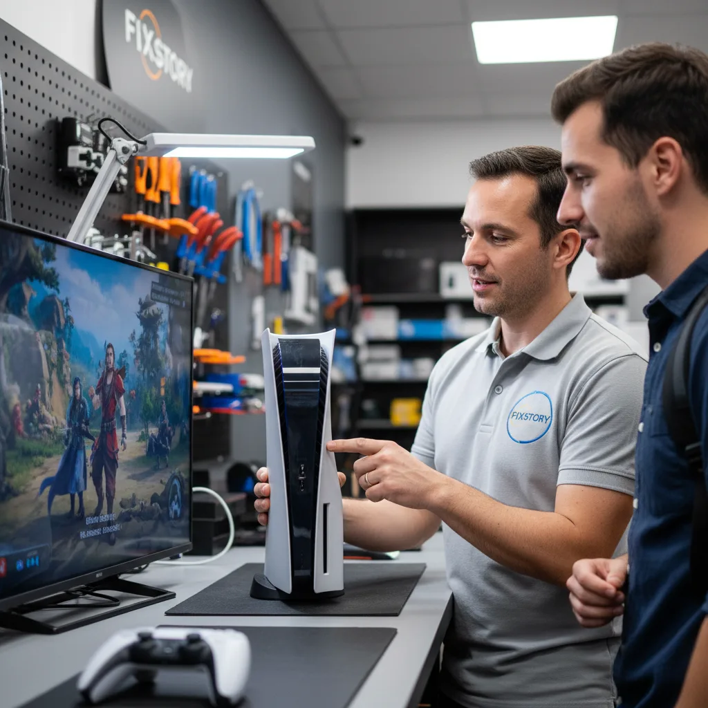 A clean, fully assembled PlayStation 5 console sitting next to a TV showing a vibrant game screen, w
