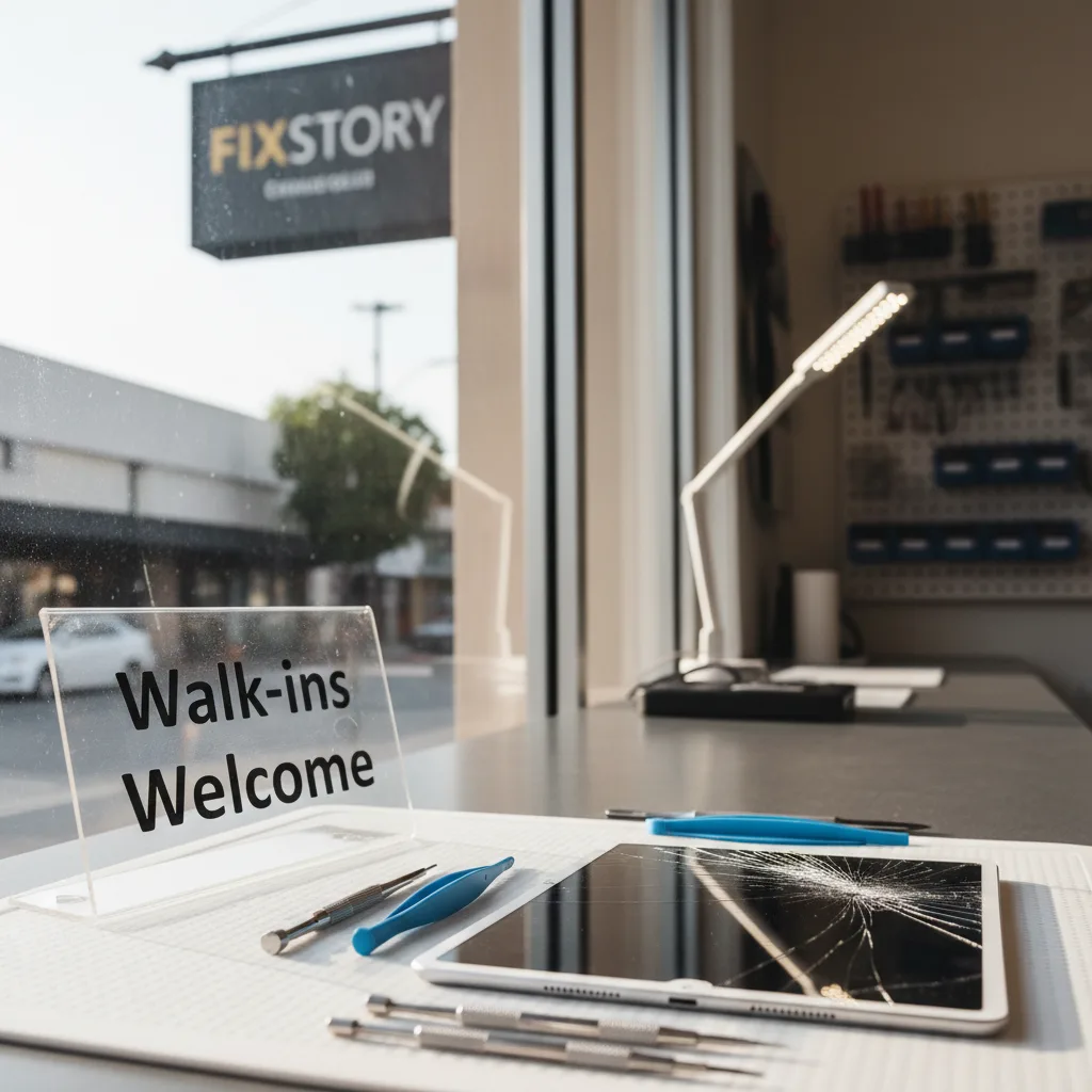 The FIXSTORY storefront in Downtown LA, sunny day, with a clear "Walk-ins Welcome" sign.