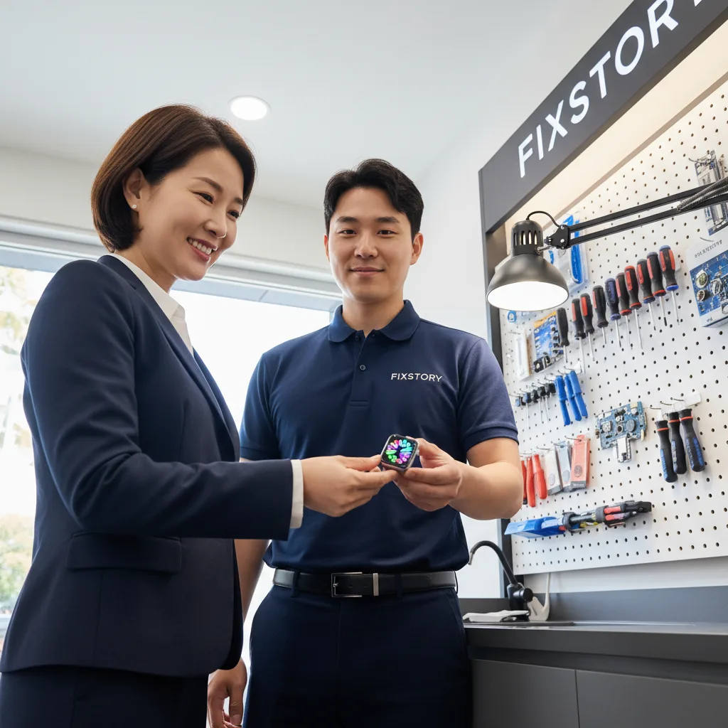 Inside the FIXSTORY shop, a technician is carefully examining a damaged Apple Watch with professiona