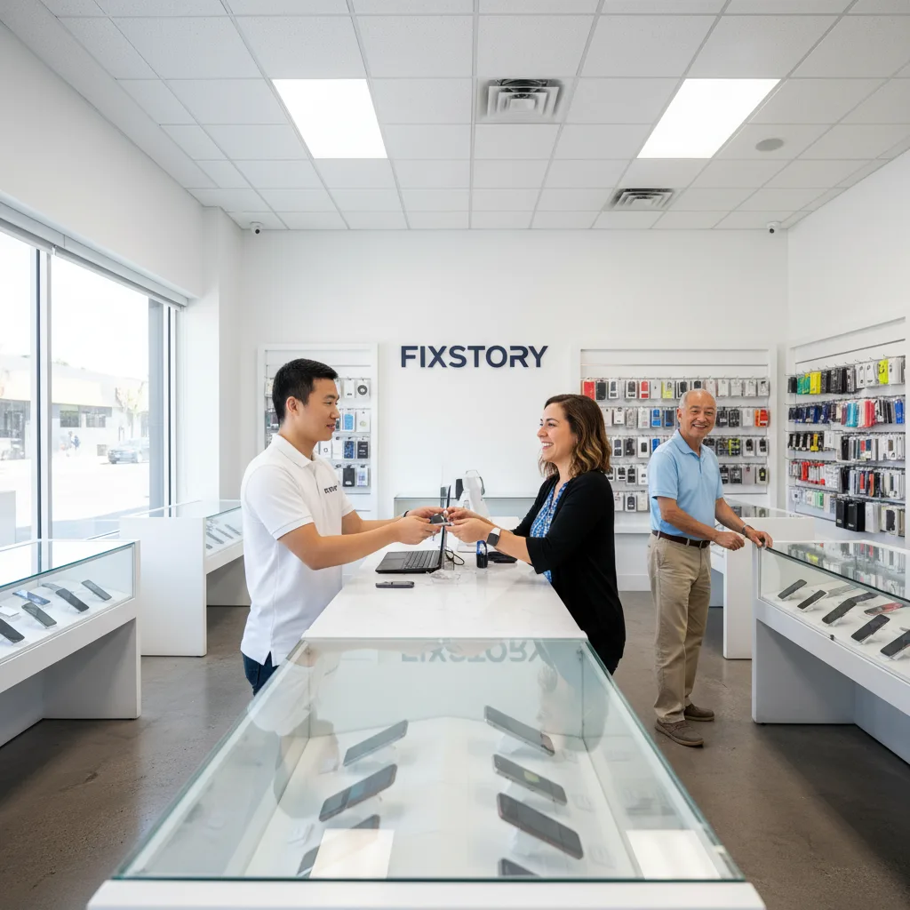A smiling customer receiving their repaired Apple Watch over the counter at FIXSTORY.