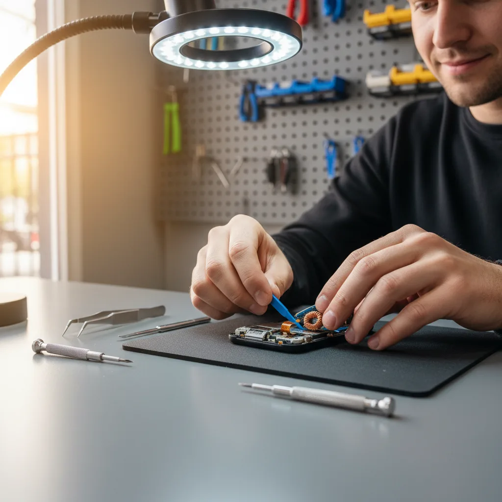 A technician at the FIXSTORY workbench, using precision tools to repair a small electronic device.