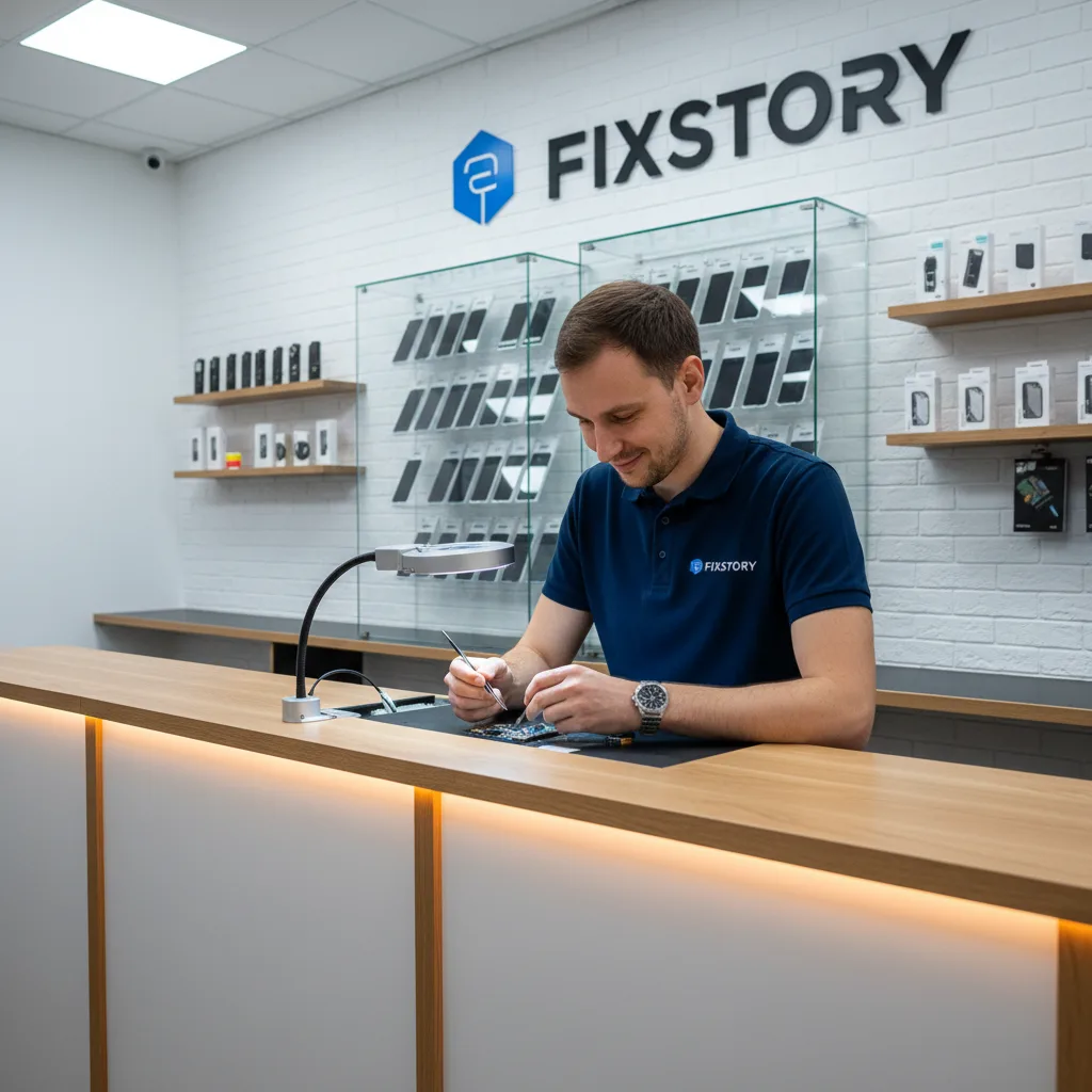 A neatly organized display of various phone and watch screens behind the counter at FIXSTORY.
