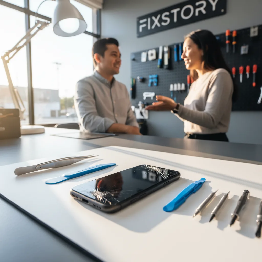 A technician at the FIXSTORY counter talking to a customer holding a cracked phone.