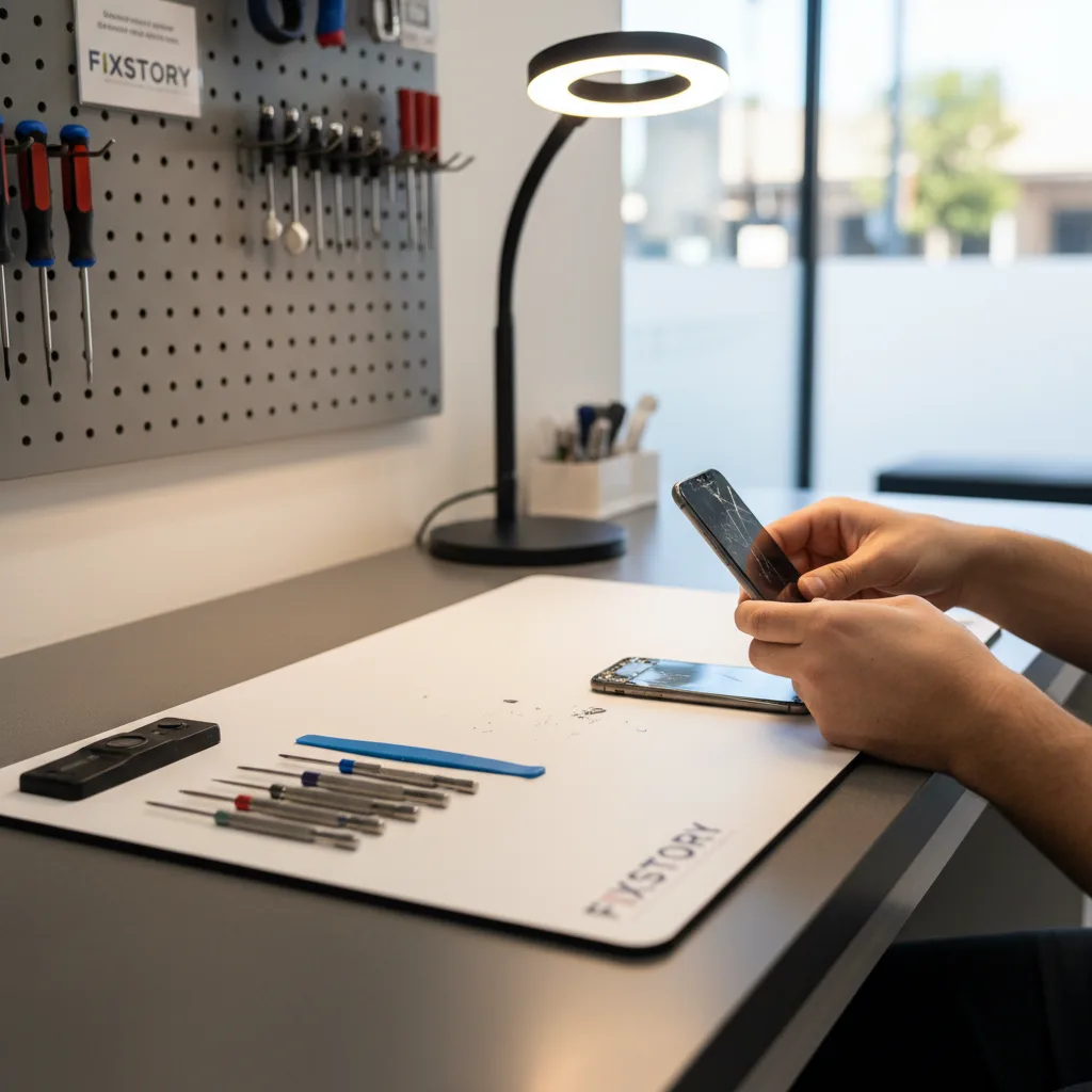 The FIXSTORY repair desk with a technician carefully replacing an iPhone screen. Tools are neatly or