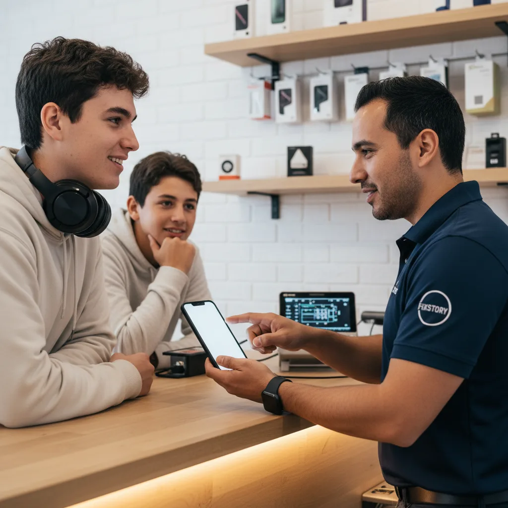 A smiling customer receiving their repaired iPhone over the counter at FIXSTORY. The screen is prist