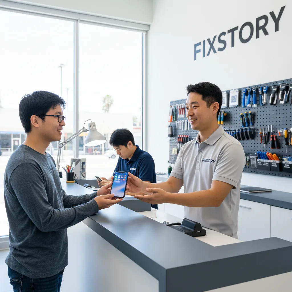 The clean, well-lit interior of the FIXSTORY repair shop in Downtown LA, with a technician working o