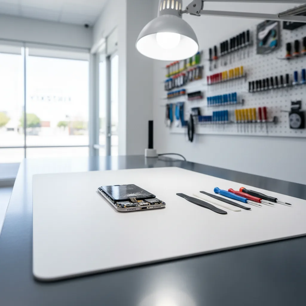 Interior of FIXSTORY shop with a technician speaking to a customer over the counter