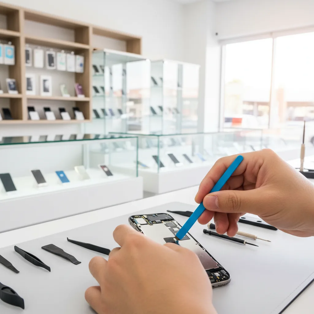 Close-up shot of a technician's hands skillfully replacing an iPhone screen component