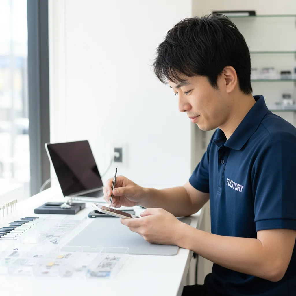 A FIXSTORY technician in a blue polo shirt carefully placing a new screen onto an iPhone. The backgr