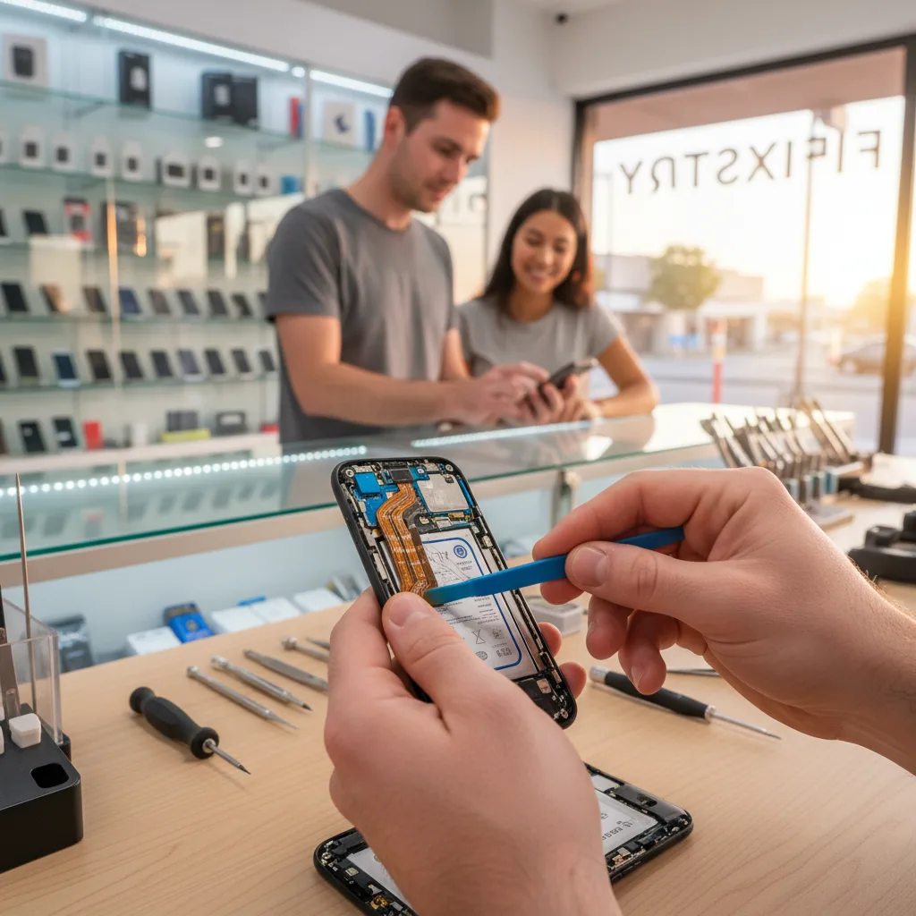 Interior of FIXSTORY shop with a technician examining a cracked iPhone at the counter. A customer lo
