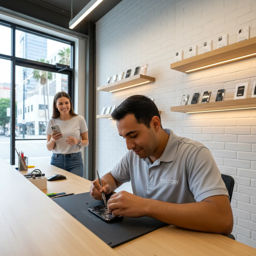 A smiling customer leaving the FIXSTORY shop holding their repaired iPhone