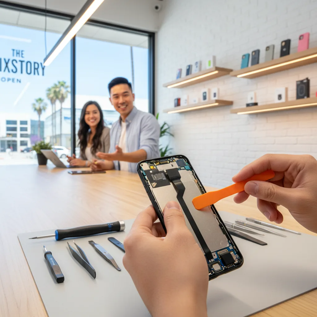 The FIXSTORY storefront in Downtown LA, with a friendly technician greeting a customer at the counte