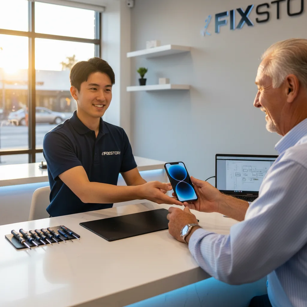 A happy customer leaving the FIXSTORY shop in DTLA, holding their perfectly working iPhone.