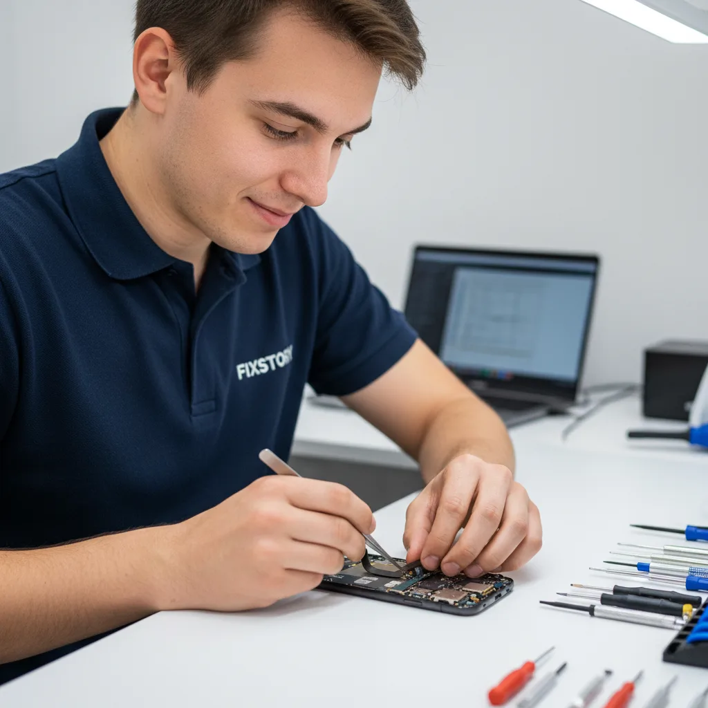 A shot of the FIXSTORY workbench with tools and an opened iPhone, technician's hands visible.