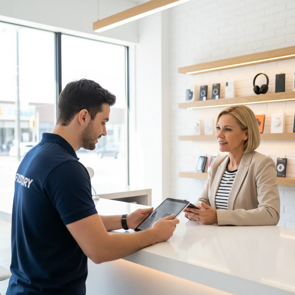 The front counter of FIXSTORY, clean and professional, with a friendly staff member talking to a cus