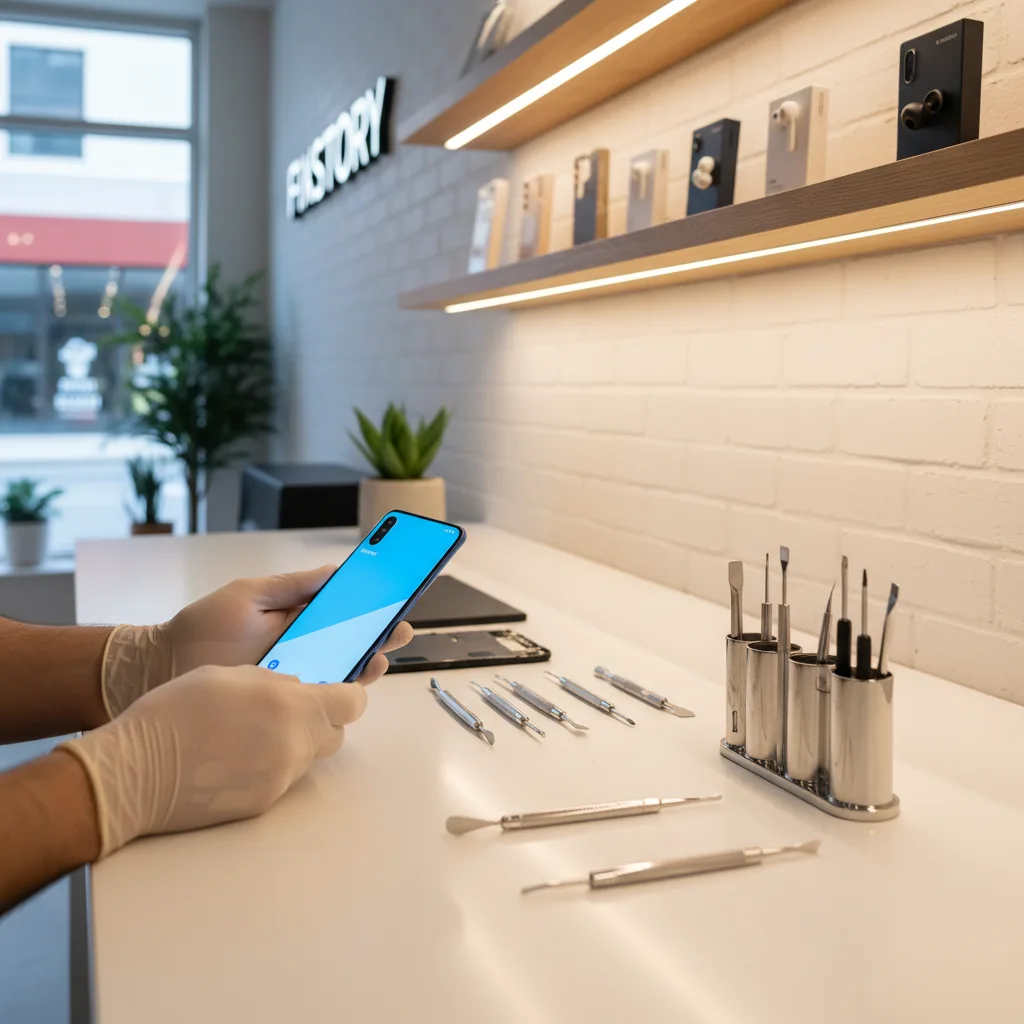 The FIXSTORY repair desk with a technician's hands carefully working on a disassembled Samsung phone