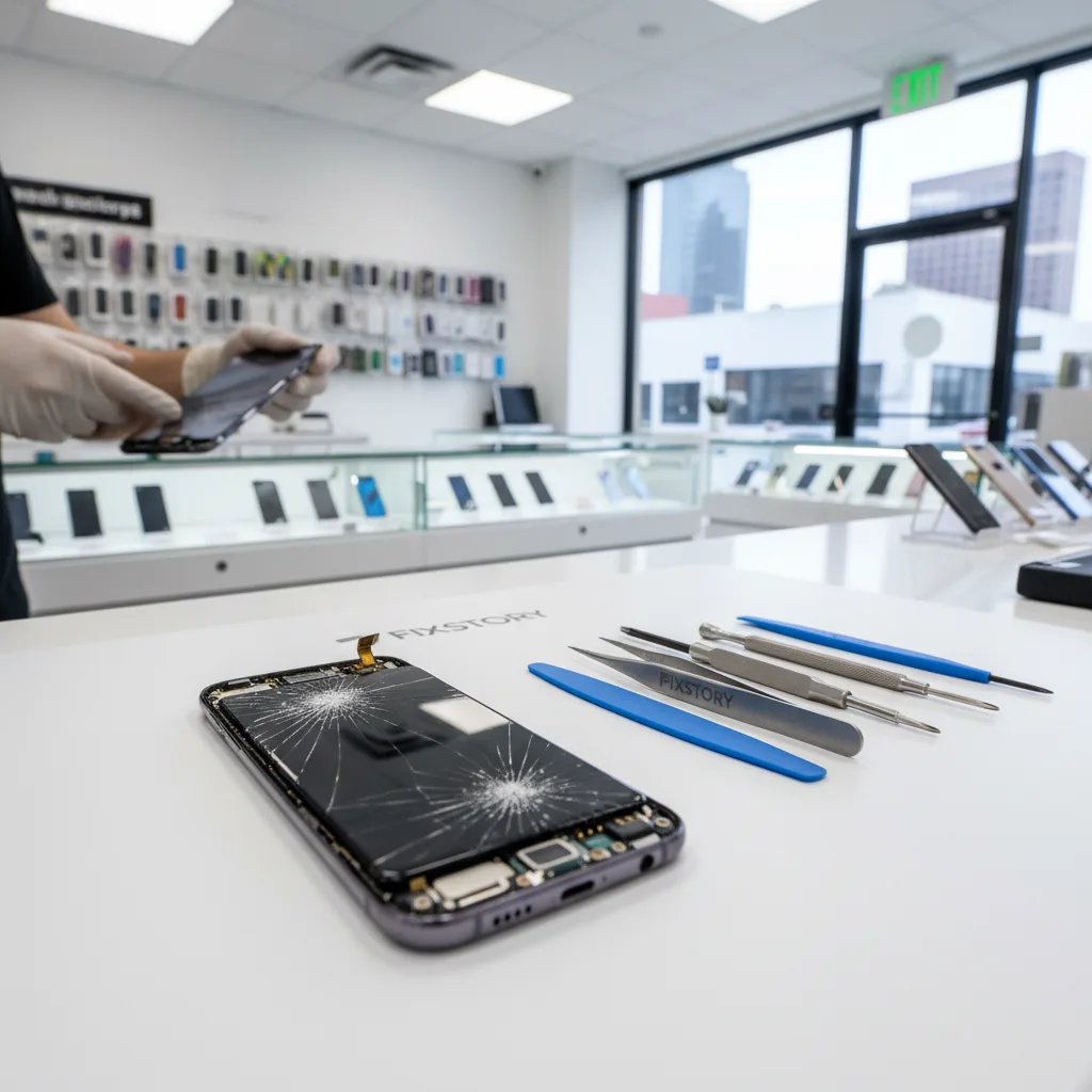 The FIXSTORY technician skillfully replacing a Samsung Galaxy screen at a clean, well-lit workbench.
