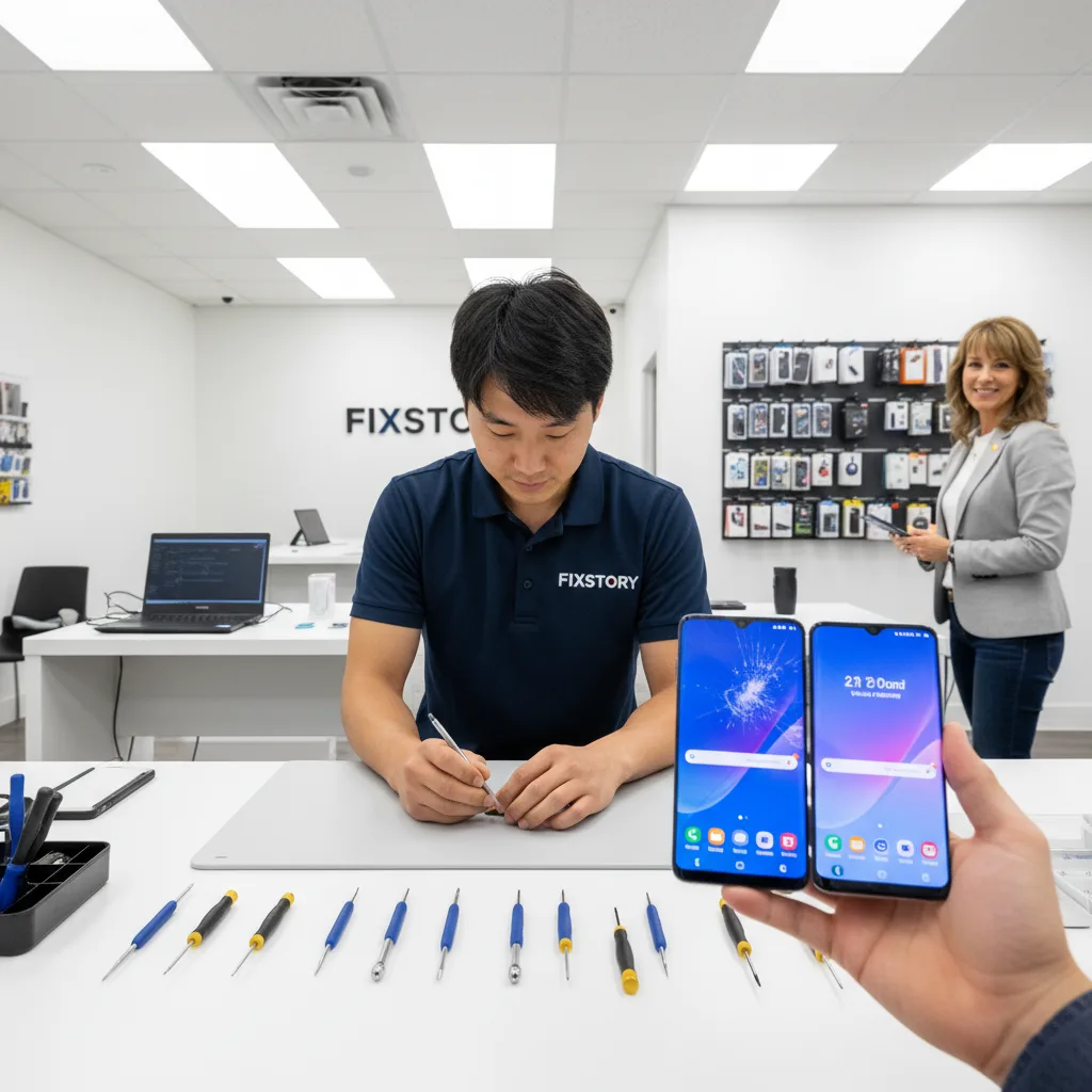 A side-by-side comparison of a shattered Samsung screen and a perfectly repaired one, held in a cust