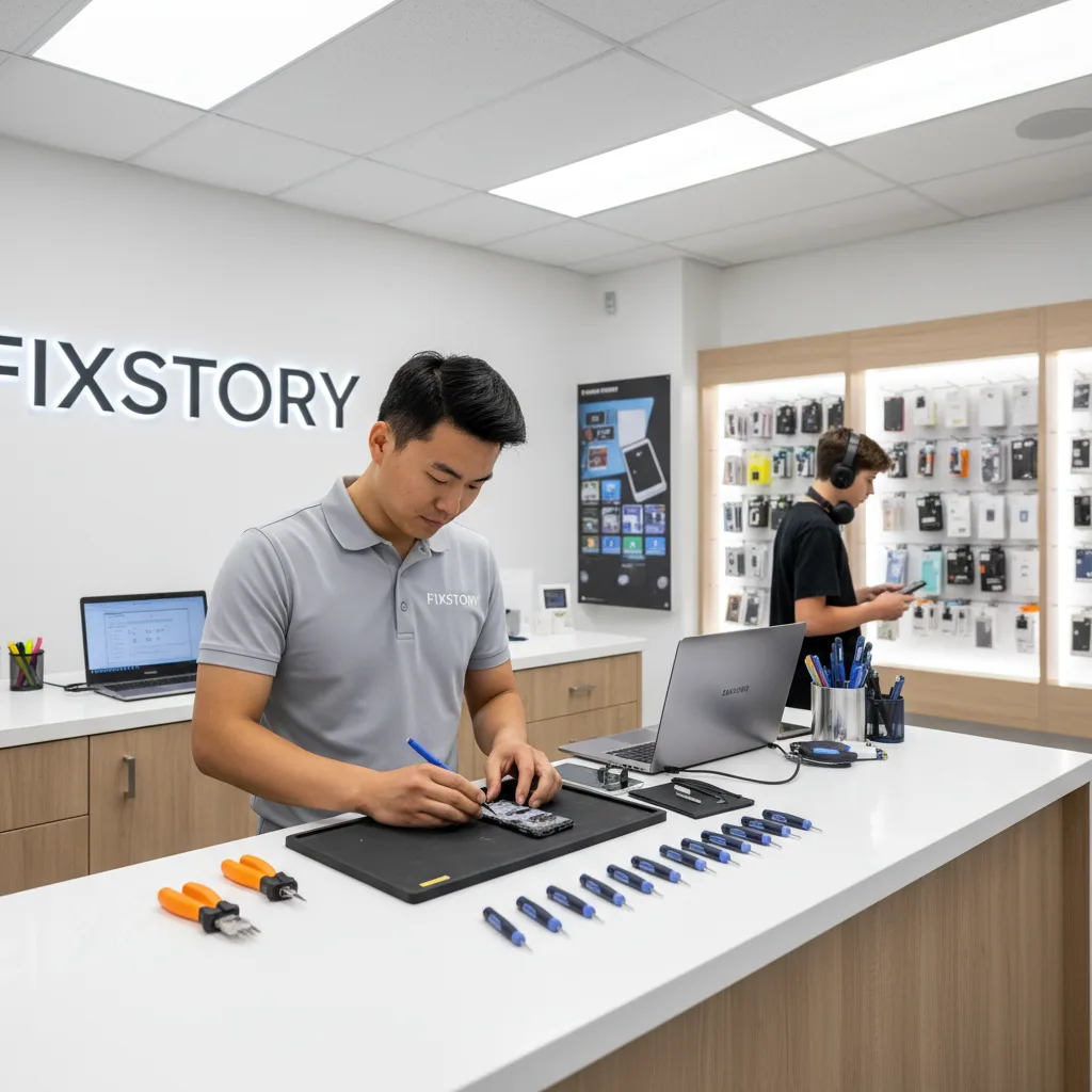 A technician at FIXSTORY skillfully replacing a cracked Samsung Galaxy screen.