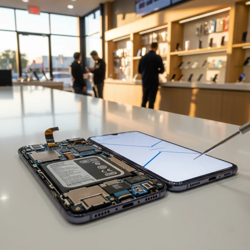 Inside of a Samsung phone showing the motherboard and components being inspected.