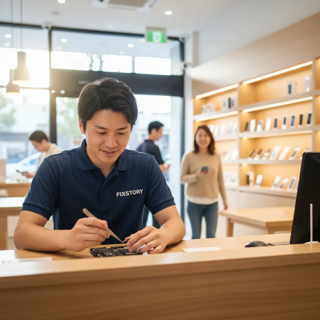 The FIXSTORY storefront in Downtown LA, with a customer walking out happily with a repaired phone.
