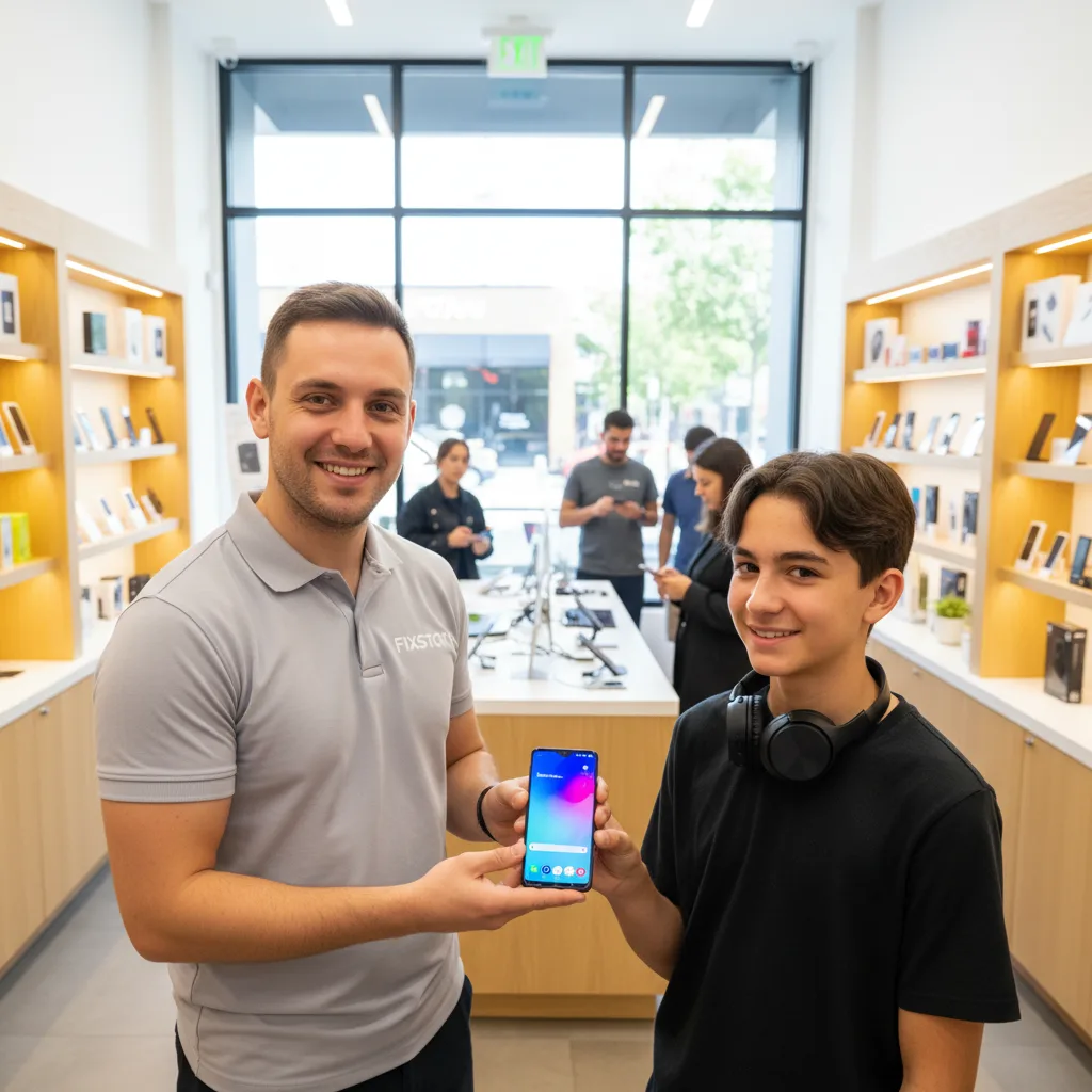 A happy customer leaving the FIXSTORY shop in Downtown LA, with their newly repaired Samsung phone i