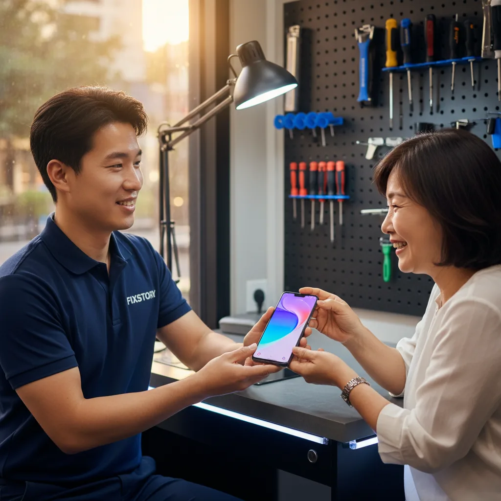 A person smiling while using their newly repaired Samsung phone with a pristine screen