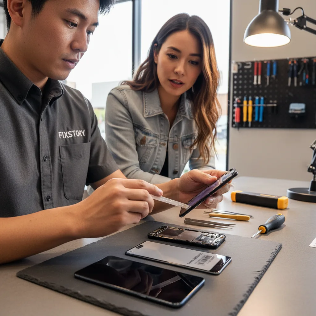 A FIXSTORY technician at a workbench, showing a customer two different replacement screens for a Sam