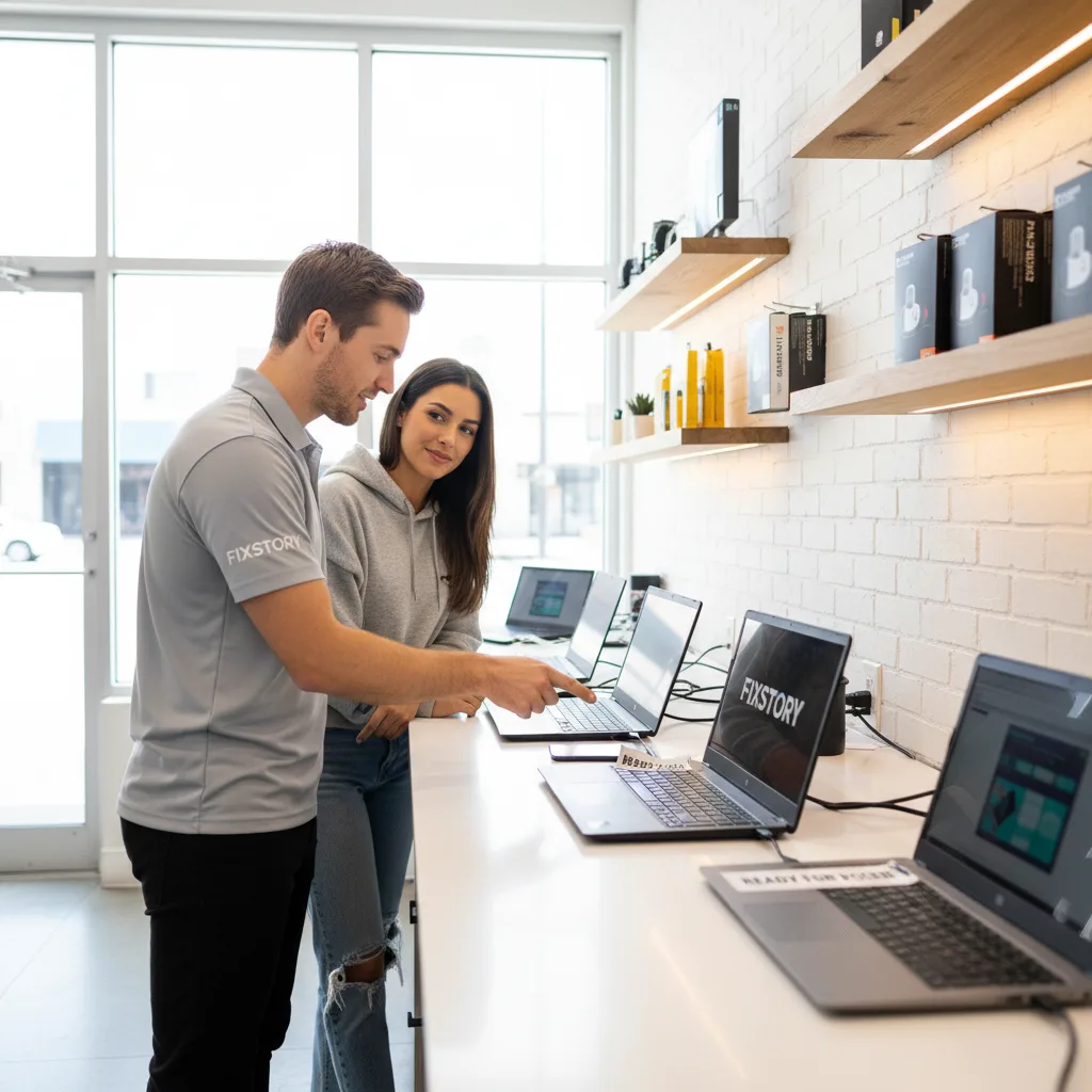 The clean and welcoming counter of the FIXSTORY shop, with a few repaired laptops ready for pickup.