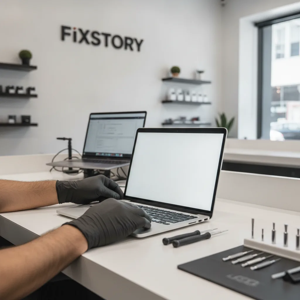A technician's hands carefully opening the back of a MacBook Air on a workbench at FIXSTORY.