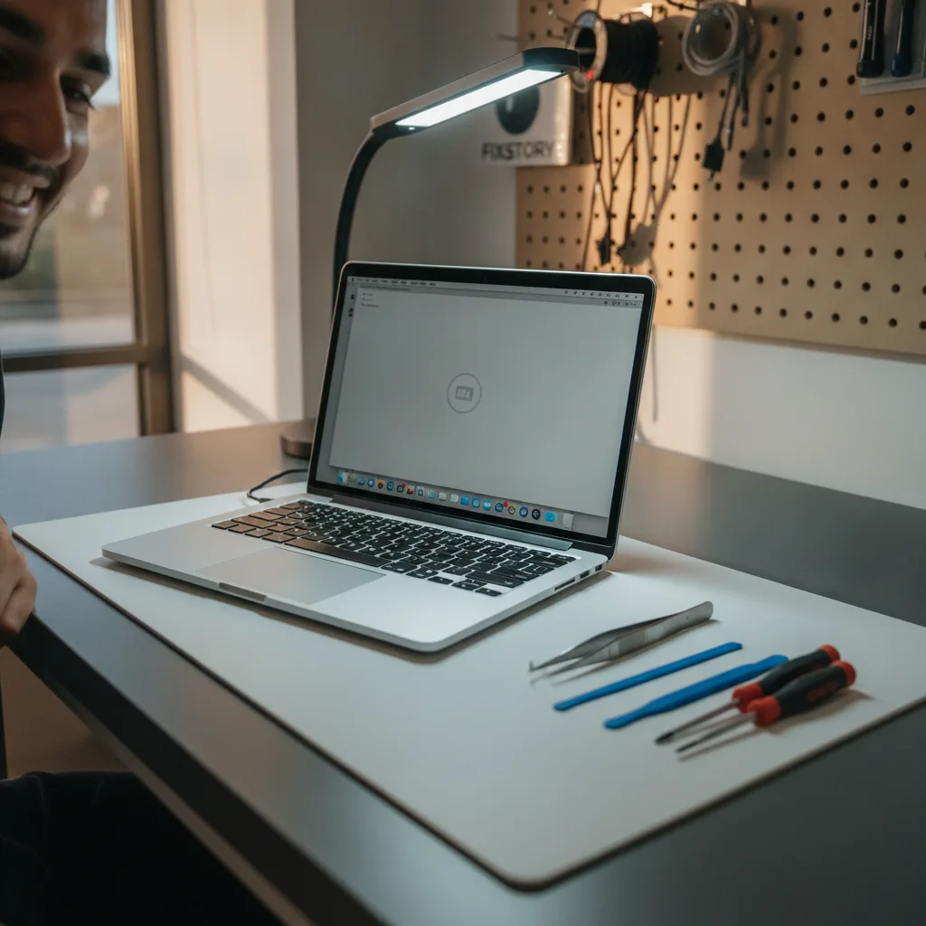 A customer smiling as they receive their repaired MacBook Pro over the counter at FIXSTORY.