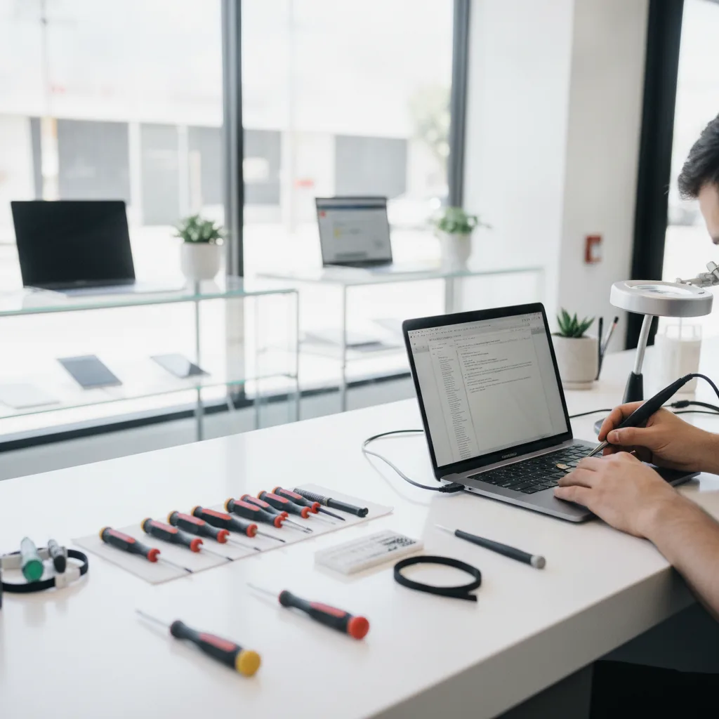 Close-up shot of a technician's hands carefully working on the internal logic board of a MacBook.
