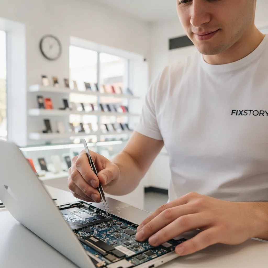A technician at FIXSTORY carefully opening a water-damaged MacBook with specialized tools