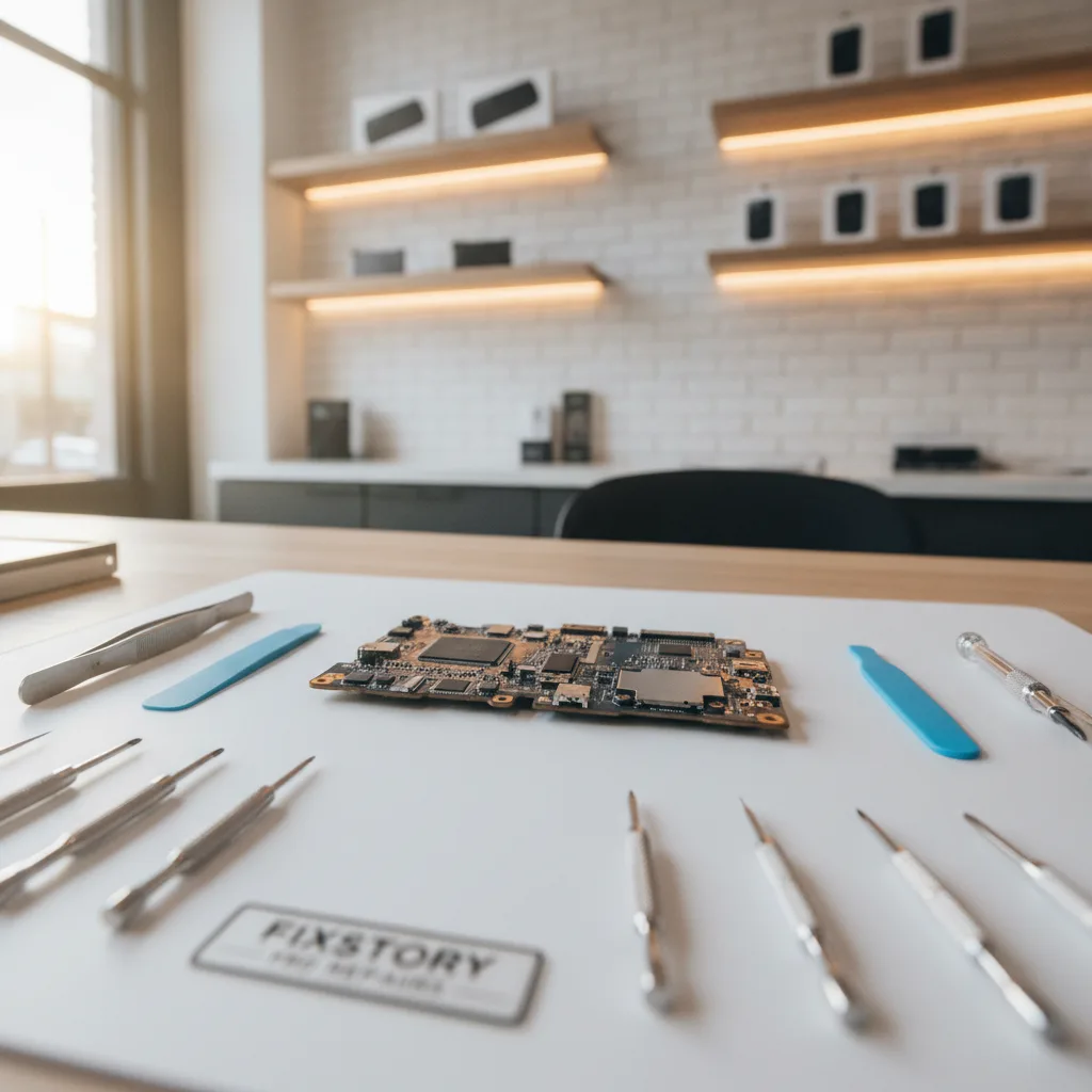 The clean interior of a MacBook logic board after professional cleaning at FIXSTORY