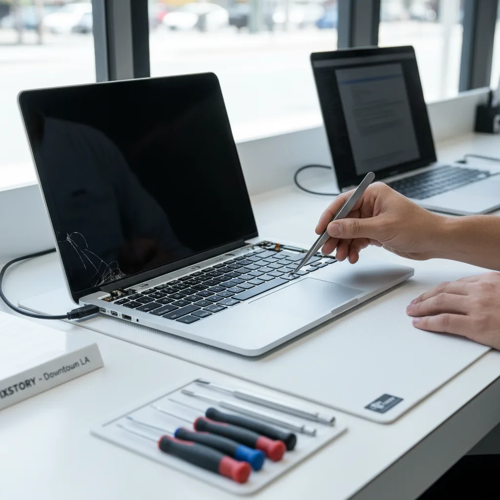 A friendly technician at FIXSTORY is showing a customer the inside of a disassembled laptop, pointin