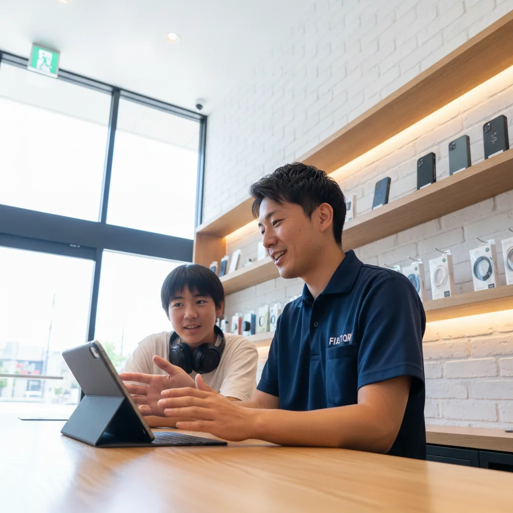The front counter of FIXSTORY, with a friendly technician talking to a customer.