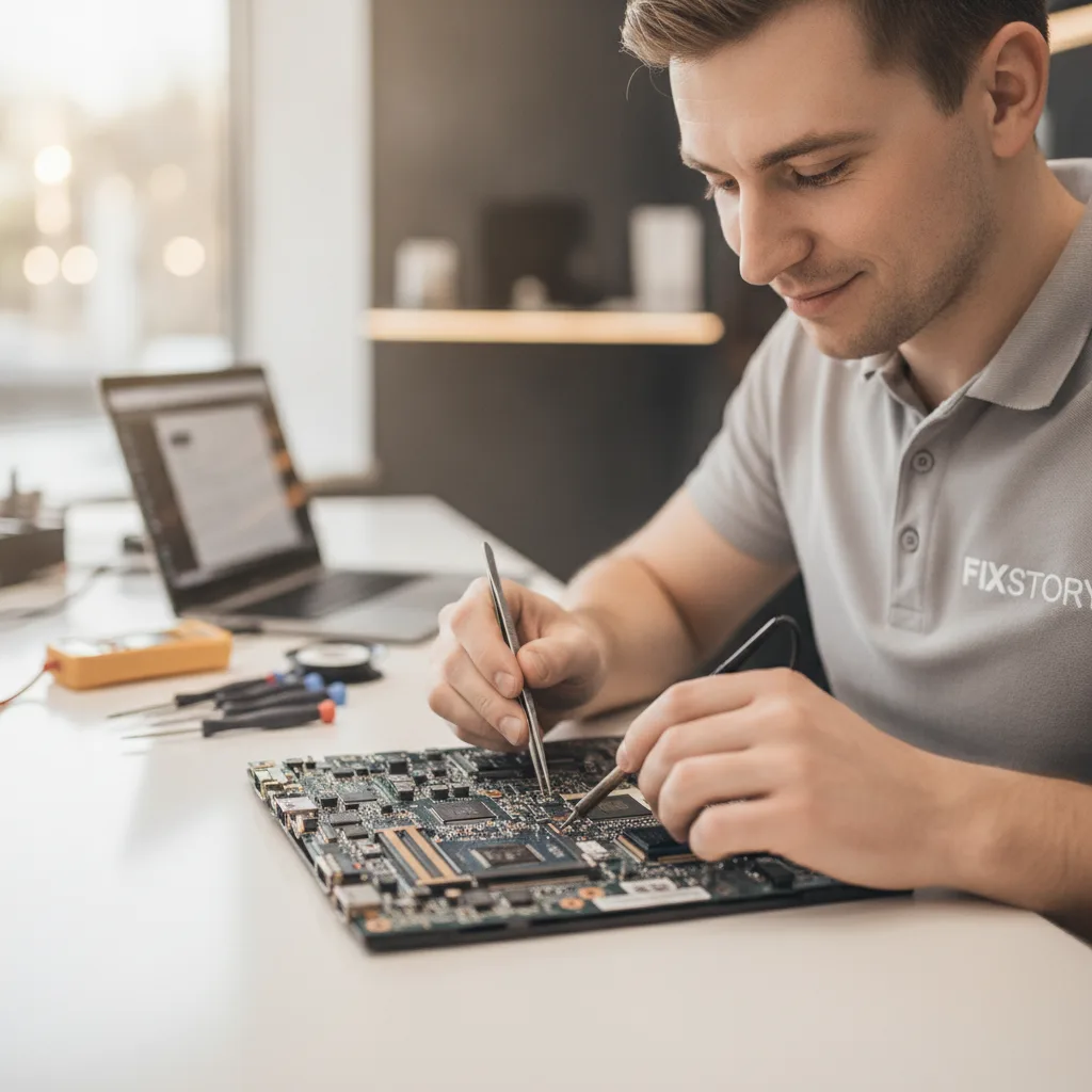 A close-up shot of a technician's hands carefully repairing a laptop motherboard with soldering tool