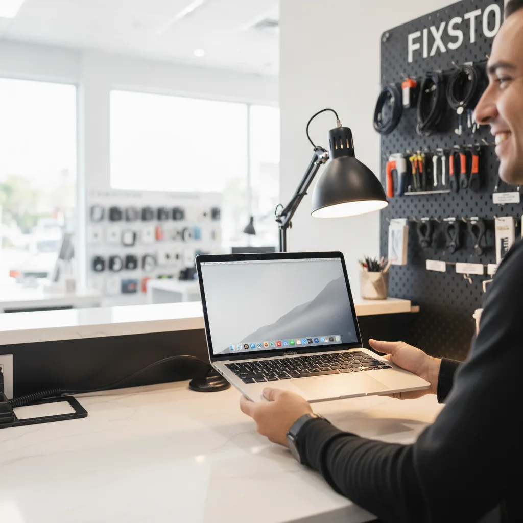 The front counter of FIXSTORY, with a friendly technician handing a repaired MacBook back to a happy