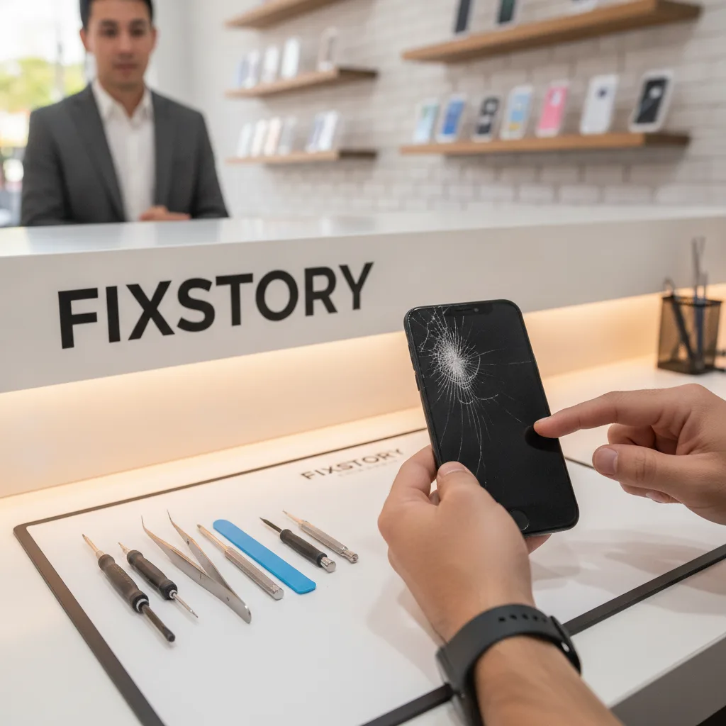 A friendly technician at the FIXSTORY counter examining a cracked iPhone screen, with the customer l